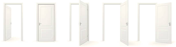 Open and closed doors Set of open and closed doors. building entrance illustrations stock illustrations