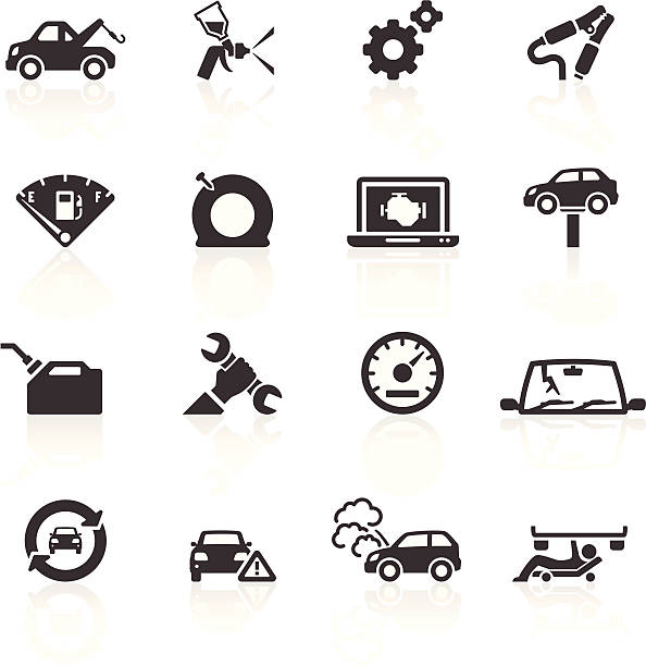 ilustraciones, imágenes clip art, dibujos animados e iconos de stock de desglose & iconos de reparación de automóviles - car motor vehicle towing repairing
