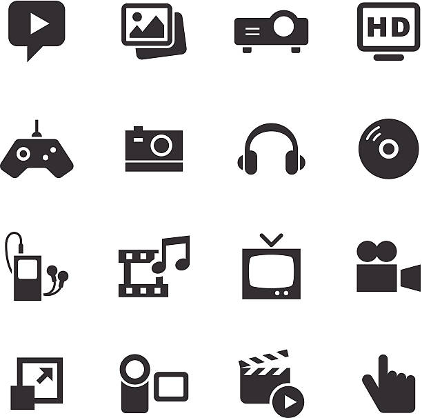 ilustraciones, imágenes clip art, dibujos animados e iconos de stock de mono conjunto de iconos de los medios / - multimedia gamepad television photograph