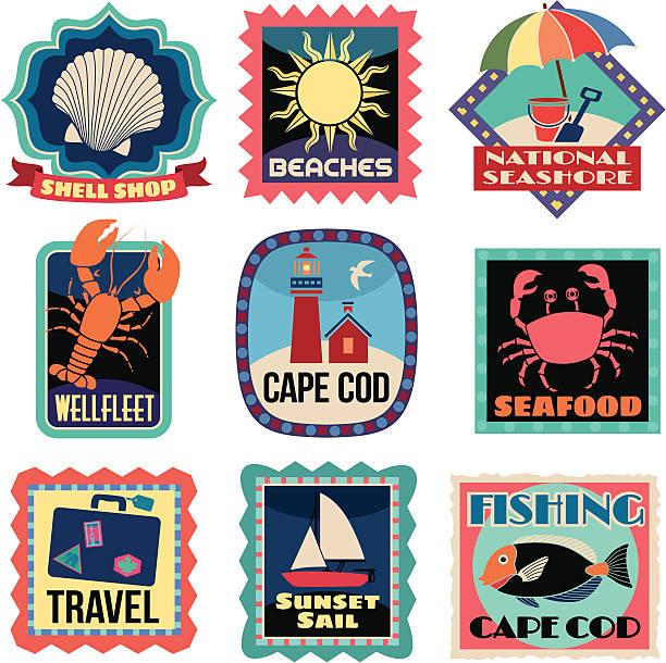 Travel Stickers Cape Cod Vector travel stickers about Cape Cod. massachusetts illustrations stock illustrations
