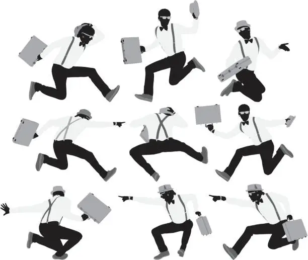 Vector illustration of Multiple images of men jumping with a suitcase