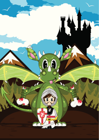 Vector illustration of a cute little Mystical Dragon and Crusader Knight scene.
