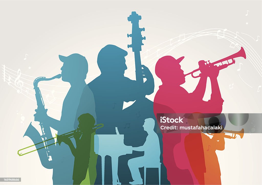 Colourful music band Colourful music band. Musical band and notes are on different layers. Can be separated. Simple gradient was used. Included files; Aics3 and Hi-res jpg.  Jazz Music stock vector