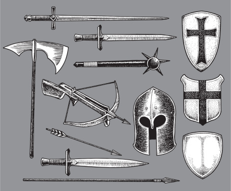 Pen and ink style illustration of Medieval weapons, shields and helmet. Use as positive image or reverse out of layout. Ghost art back as design element or color it. Check out my 