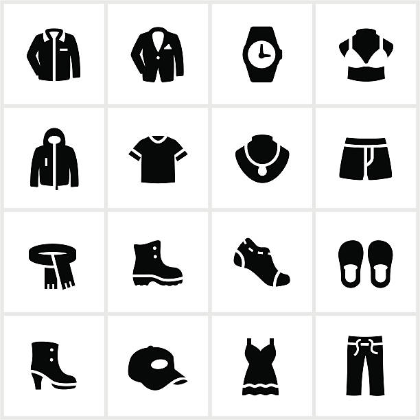 ilustraciones, imágenes clip art, dibujos animados e iconos de stock de blanco y negro de iconos de tienda de ropa - t shirt shirt clothing garment
