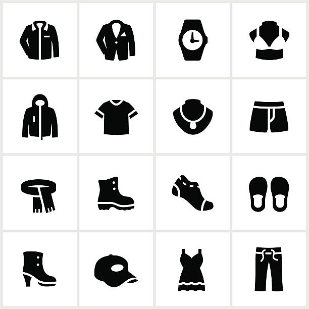 Black and white department store clothing icons Department store clothing icons. All white strokes/shapes are cut from the icons and merged allowing the background to show through. t shirt shirt clothing garment stock illustrations