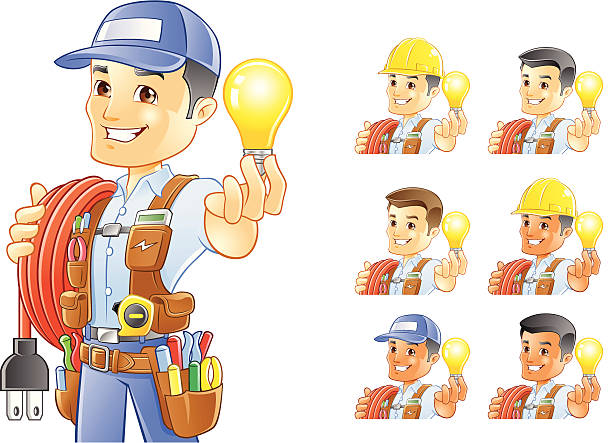 Bекторная иллюстрация Электрик, Handyman, строительство работник, холдинг Лампа накаливания