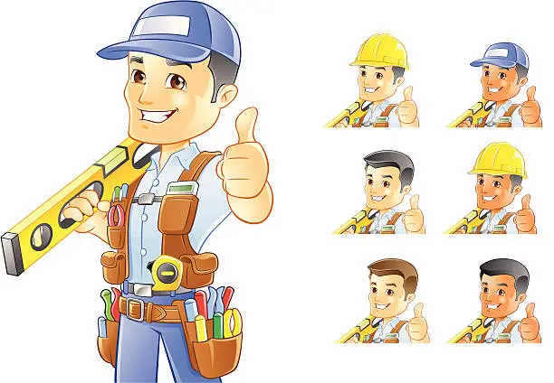 Vector illustration of Handyman, Repairman, Construction Worker with Level