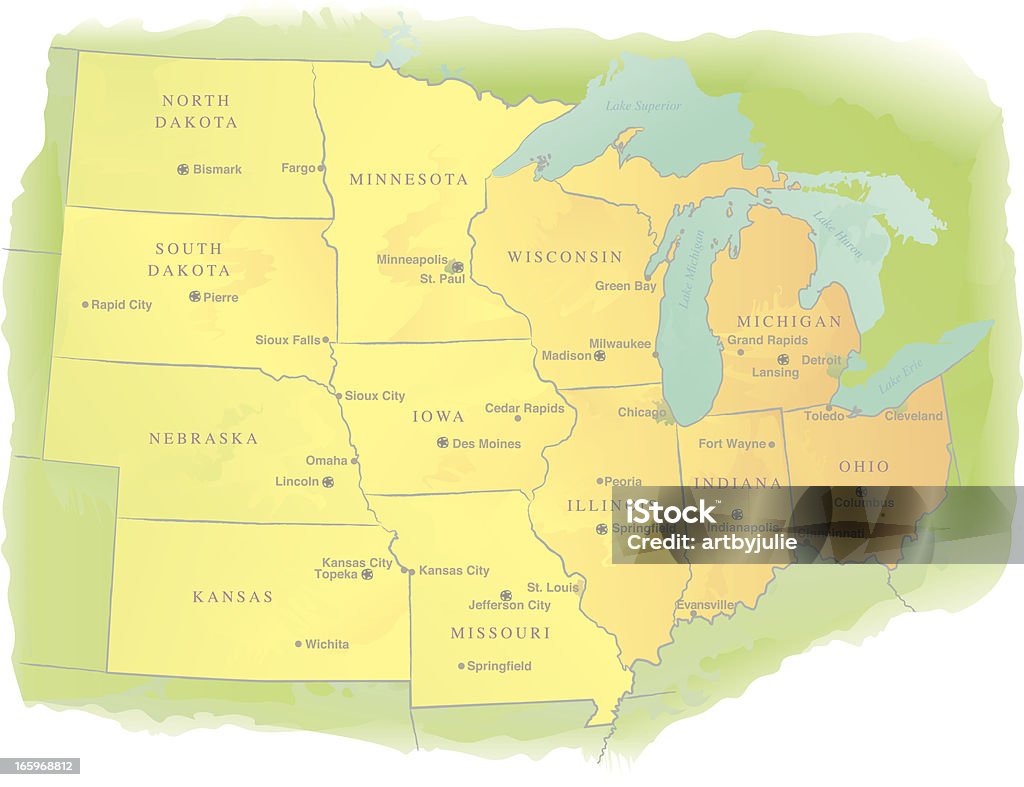ミッドウェスタン USA State Map -ウォーターカラースタイル - 地図のロイヤリティフリーベクトルアート