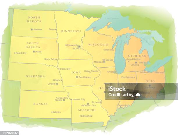 Midwestern Usa State Map Watercolor Style Stock Illustration - Download Image Now - Map, Midwest USA, Wisconsin