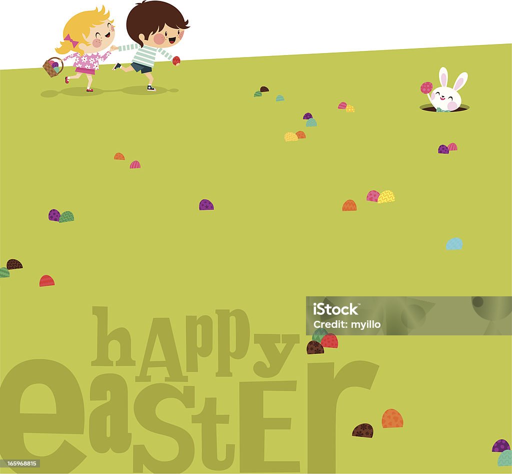 Felices Pascuas niños de conejito de pascua hierba ilustración vectorial myillo - arte vectorial de Amistad libre de derechos