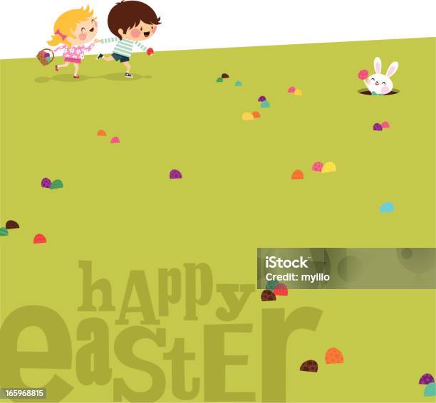 Happy Kids Easter Bunny Vector Myillo Яиц Трава Иллюстрация — стоковая векторная графика и другие изображения на тему Бегать