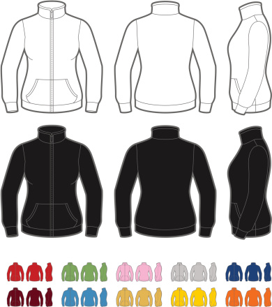 Vector template of classic women's fleece jacket. Front, rear and side views. Easy color change.