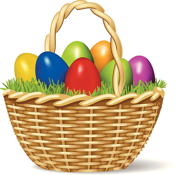 ostern eier in einem korb - easter basket eggs yellow stock-grafiken, -clipart, -cartoons und -symbole