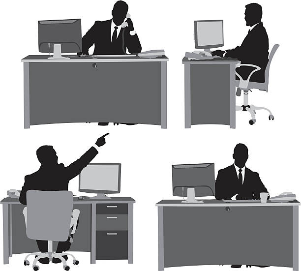 Multiple images of businessman at his desk Multiple images of businessman at his deskhttp://www.twodozendesign.info/i/1.png man in the desk back view stock illustrations