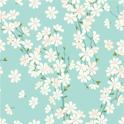 Cherry blossom seamless pattern on turquoise background. Vector. EPS 8.