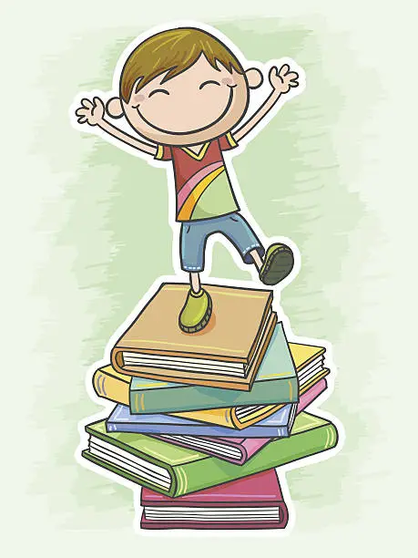 Vector illustration of Little boy loves reading so much