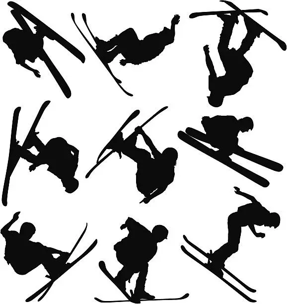 Vector illustration of Multiple images of men skiing