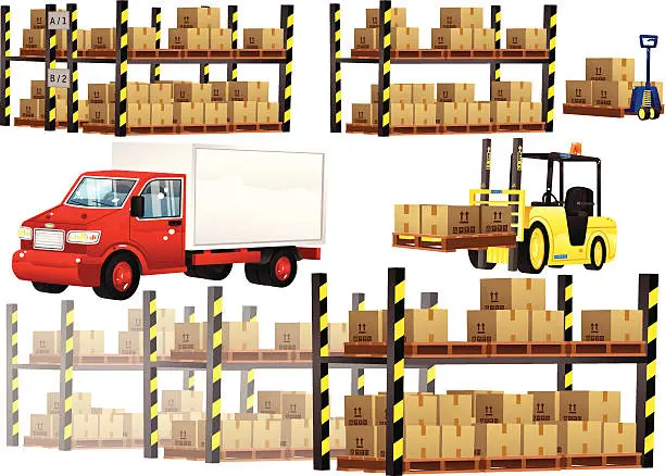 Vector illustration of Warehouse shelving and transportation