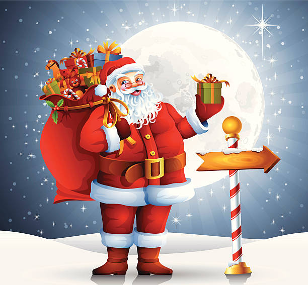 ilustraciones, imágenes clip art, dibujos animados e iconos de stock de santa claus con su saco - christmas santa claus north pole snow