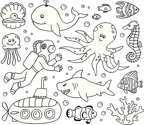 ilustraciones, imágenes clip art, dibujos animados e iconos de stock de en el mar y garabatos - underwater animal sea horse fish