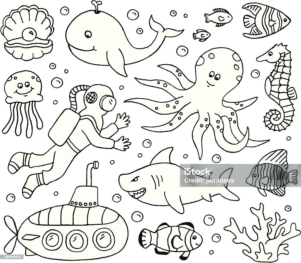 Under the Sea Doodles A doodle page of sea creatures. Fish stock vector