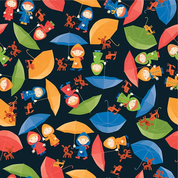 Vector illustration of children with umbrellas