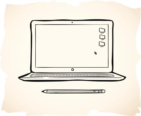 Hand drawn laptop and pencil illustration. Keyboard, computer, screen, and pencil are all on separate layers.