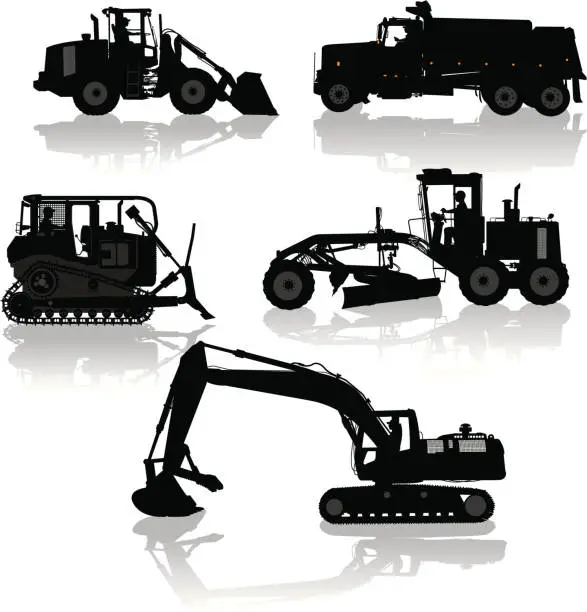 Vector illustration of Construction Vehicles - Bulldozer, Dump Truck, Grader