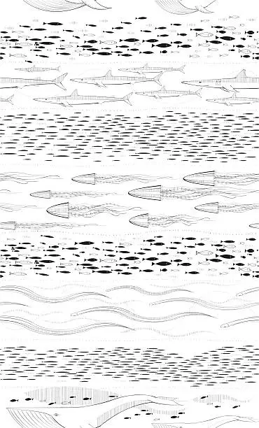 Vector illustration of Sea Life Wallpaper Black & White