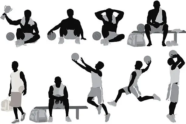 Vector illustration of Multiple silhouette of basketball players in action