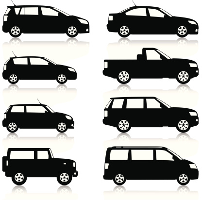 Silhouetted, generic, car icons. Includes small to large family cars, SUVs, MPVs and pick ups. Layered and grouped for ease of use. Download includes EPS8 file and hi-res jpeg.