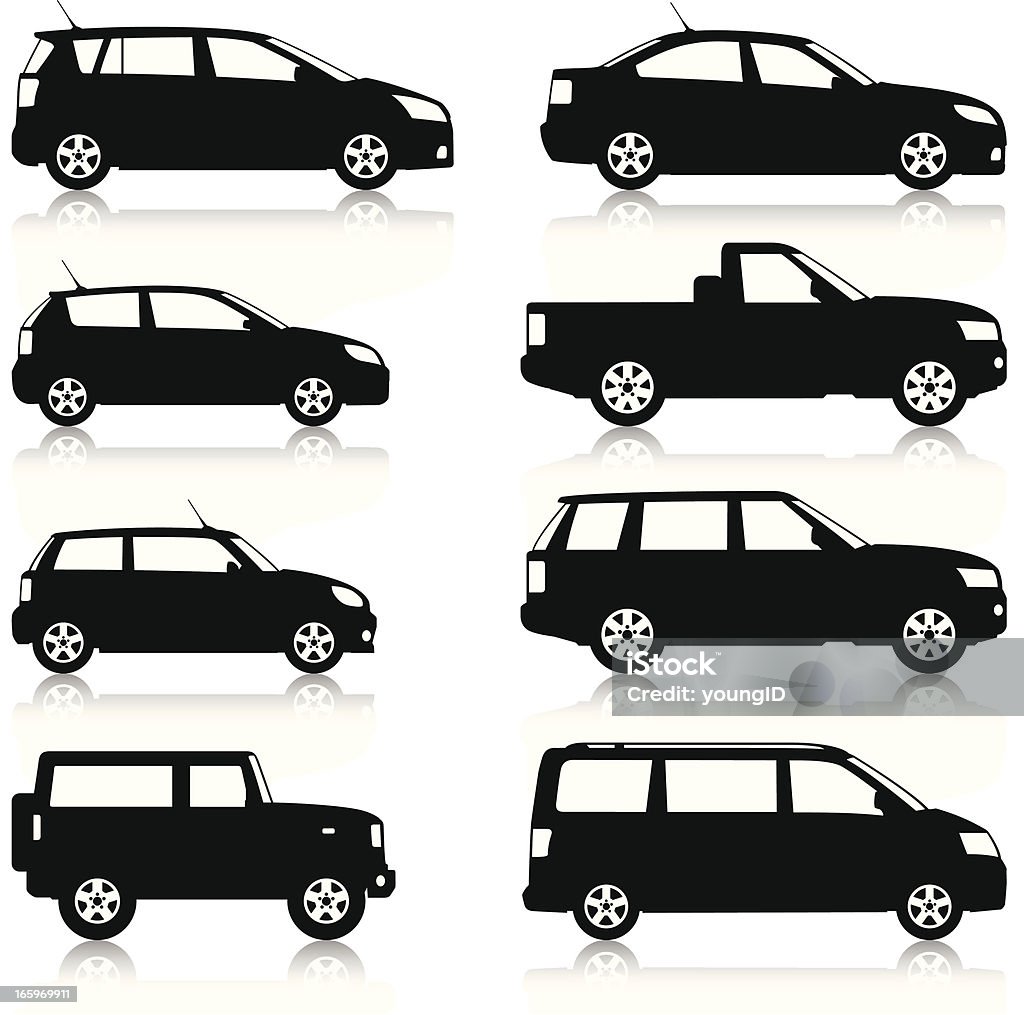 Car Silhouettes set Silhouetted, generic, car icons. Includes small to large family cars, SUVs, MPVs and pick ups. Layered and grouped for ease of use. Download includes EPS8 file and hi-res jpeg. Car stock vector