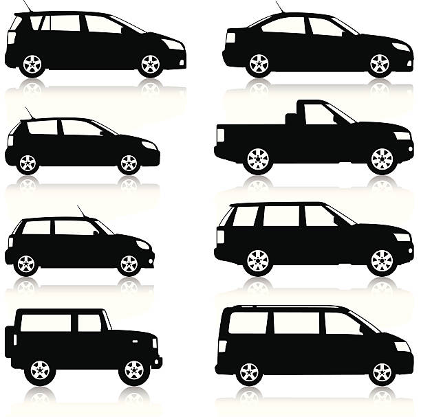 Car Silhouettes set Silhouetted, generic, car icons. Includes small to large family cars, SUVs, MPVs and pick ups. Layered and grouped for ease of use. Download includes EPS8 file and hi-res jpeg. hatchback side stock illustrations