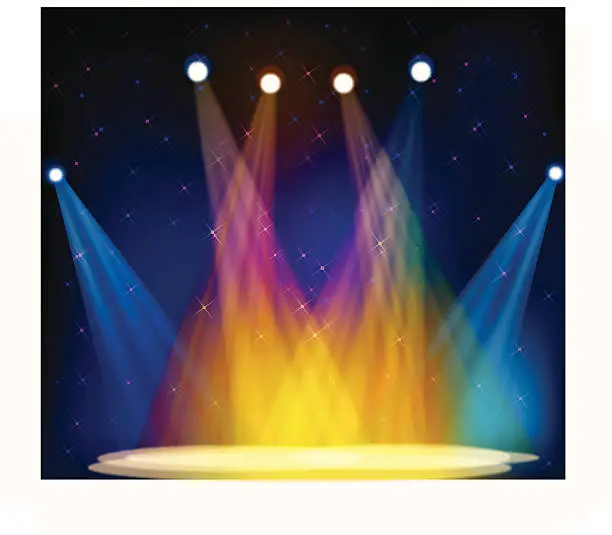 Vector illustration of Illustration of multicolored stage lights on an empty stage