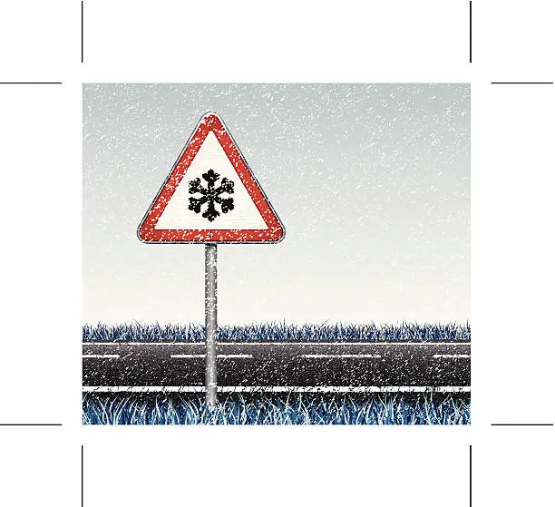 Vector illustration of snow, road and traffic sign