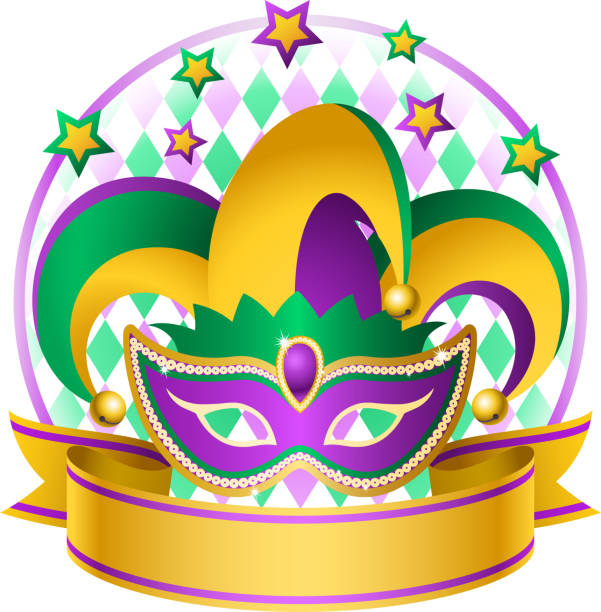 Mardi Gras Jester Hat Mardi Gras jester masks symbol. EPS10. purple and gold masquerade masks stock illustrations