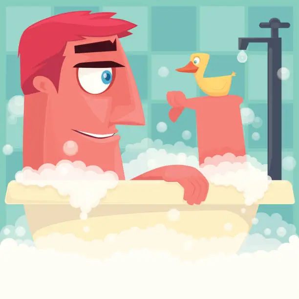 Vector illustration of man taking bath with rubber duck