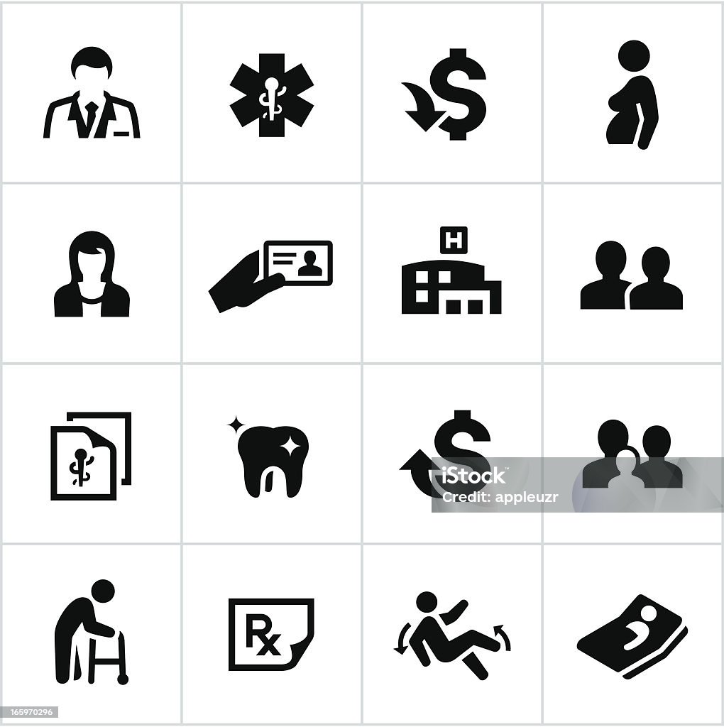 Black Health Insurance Icons Healthcare insurance icons. All white strokes/shapes are cut from the icons and merged allowing the background to show through. Icon Symbol stock vector