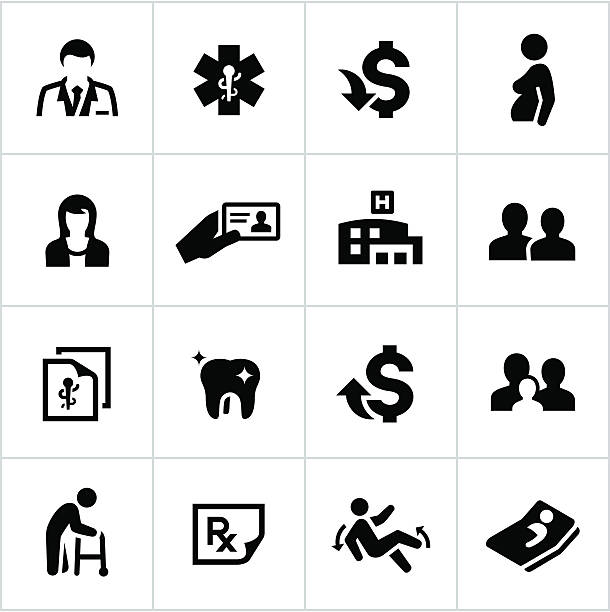 Black Health Insurance Icons Healthcare insurance icons. All white strokes/shapes are cut from the icons and merged allowing the background to show through. hospital card stock illustrations