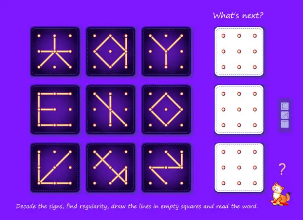 Vector illustration of Logic puzzle game for smartest. What's next? Decode the signs, find regularity, draw the lines in empty squares and read the word. Page for brain teaser book. Spatial thinking skills. Play online.