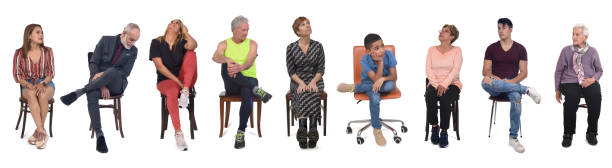 istock group of people sitting looking everywhere on white background 1659715513