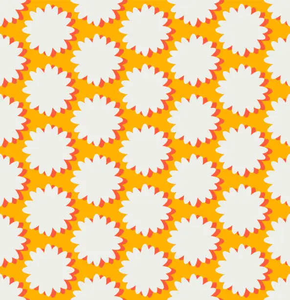 Vector illustration of groovy background. Seamless bright repeat pattern of simple blooming flowers in 1970s psychedelic hippie style. graphic decor ornament in retro design. vector illustration