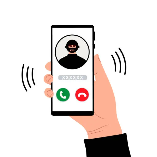 Vector illustration of A call on the phone in the hand of a fraud person. A telephone fraudster deceives and steals money and cards through smartphone calls. Thief, hacker and criminal are calling. vector illustration