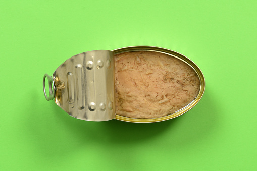 can of tuna on green background