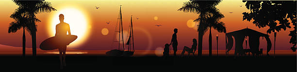 illustrazioni stock, clip art, cartoni animati e icone di tendenza di spiaggia & resort - tourist resort hotel silhouette night