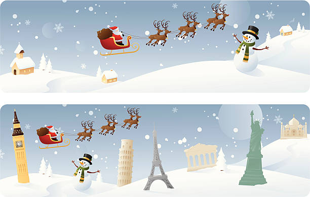 International Delivery Banners Santa's travels. Web banners. eiffel tower winter stock illustrations