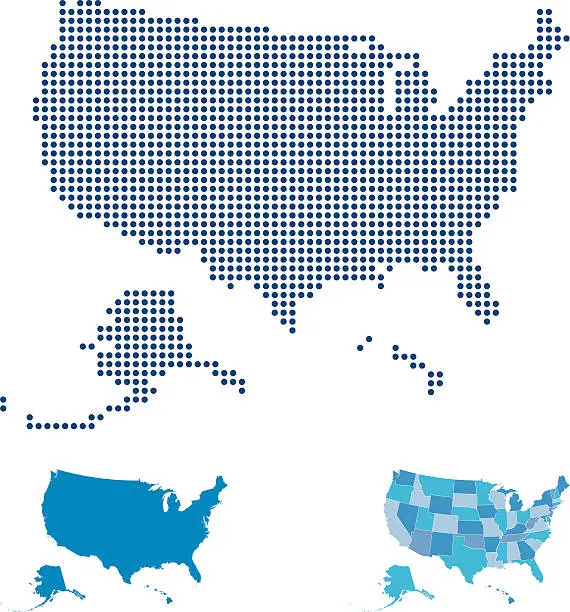 Vector illustration of Large dotted Map of United States with smaller blue maps