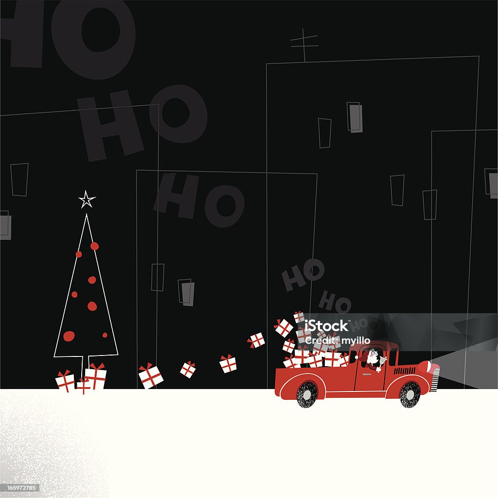 Santa consegna camion Mostra illustrazione vettoriale retrò città natale minimil - arte vettoriale royalty-free di Natale