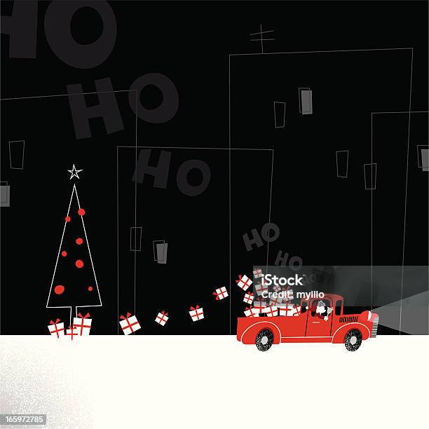 Santa Consegna Camion Mostra Illustrazione Vettoriale Retrò Città Natale Minimil - Immagini vettoriali stock e altre immagini di Natale